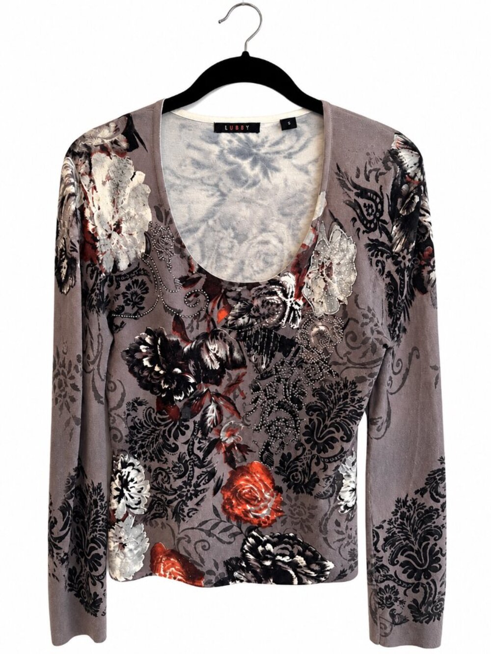 Cyrus Floral Embellished Scoop Neck Long Sleeve Top Gray Size Small